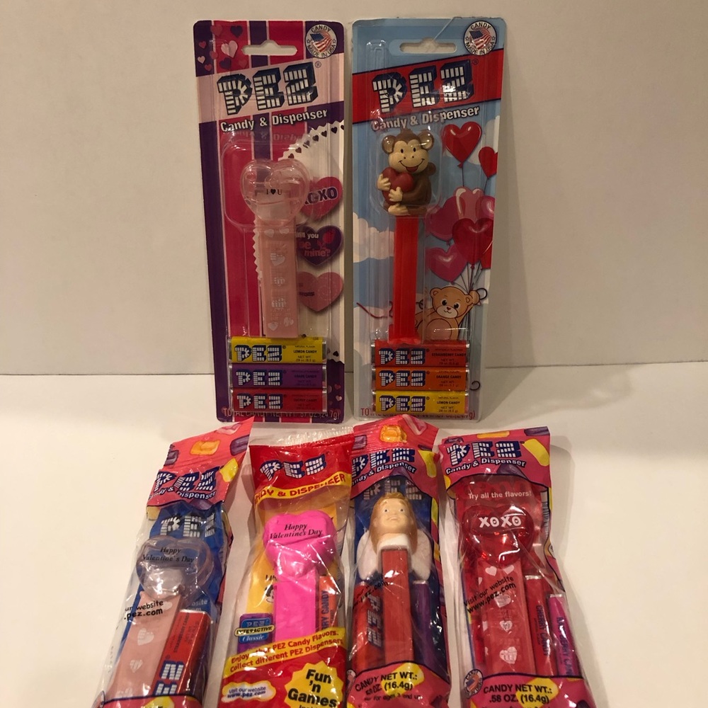 Six Valentines Day Pez Dispensers in Original Packaging (Hearts, Monkey, Cupid)